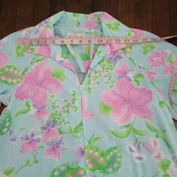 Vintage 70s Pastel Blue Hibiscus Long Sleeve Maxi Night Gown or Dress - Picture 10 of 12